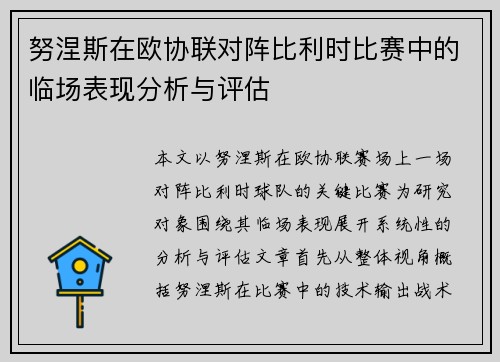 努涅斯在欧协联对阵比利时比赛中的临场表现分析与评估