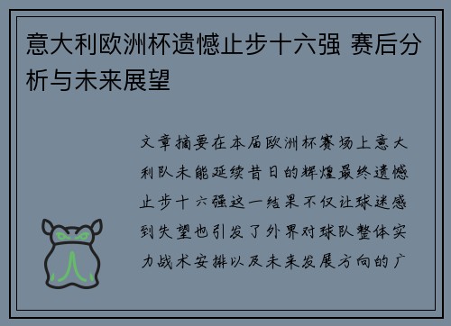 意大利欧洲杯遗憾止步十六强 赛后分析与未来展望 意大利欧洲杯遗憾止步十六强 赛后分析与未来展望