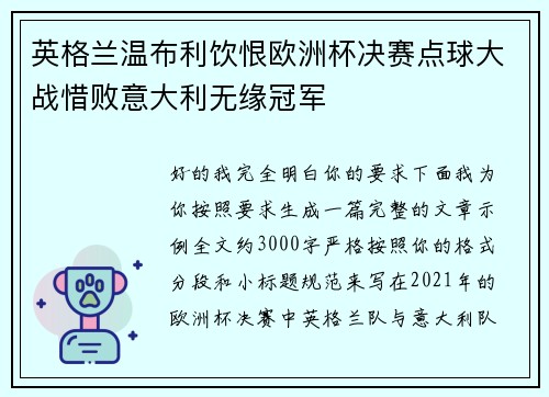英格兰温布利饮恨欧洲杯决赛点球大战惜败意大利无缘冠军